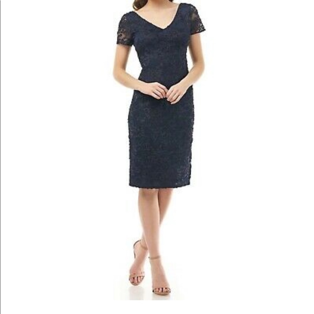 JS Collections Soutache Embroidered V-Neck Cocktail Dress Navy Blue